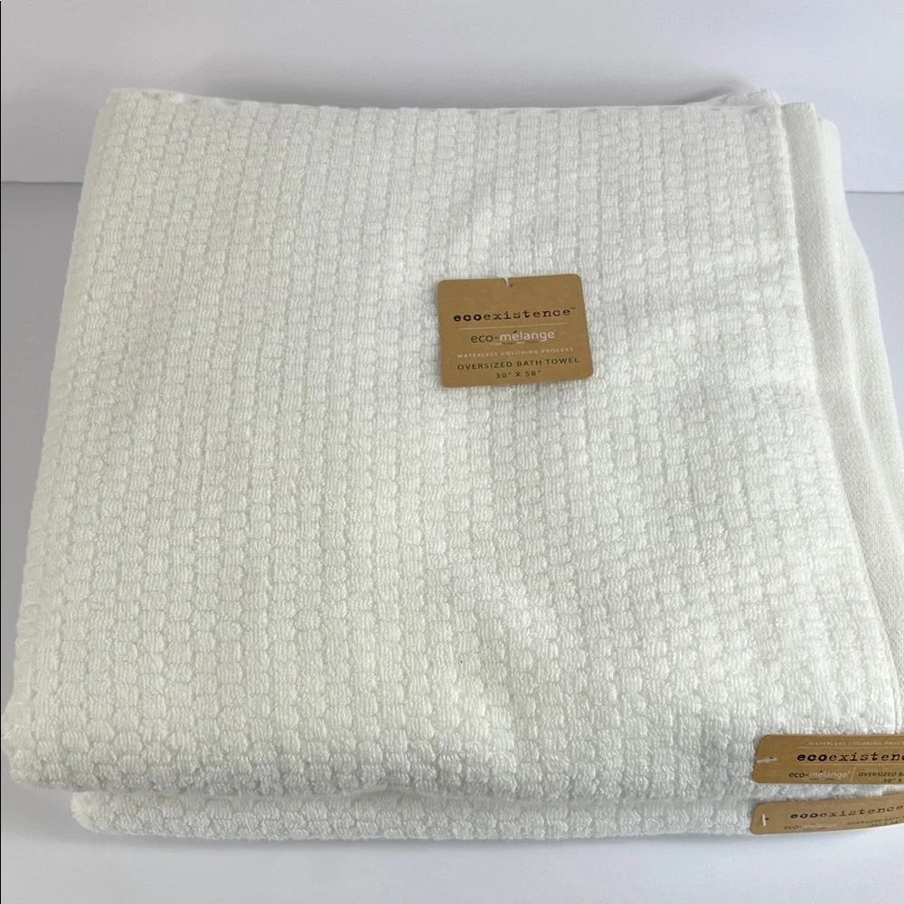 Ecoexistence White Bath Towels Oversized Waffle Weave Soft Cotton Set of 2 NEW